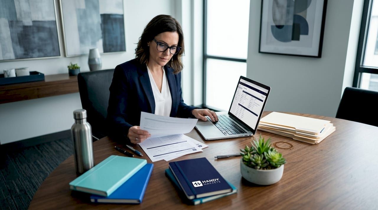 Advisor reviewing onboarding paperwork at workspace