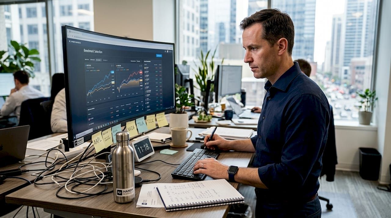Analyst chooses market benchmarks at office desk