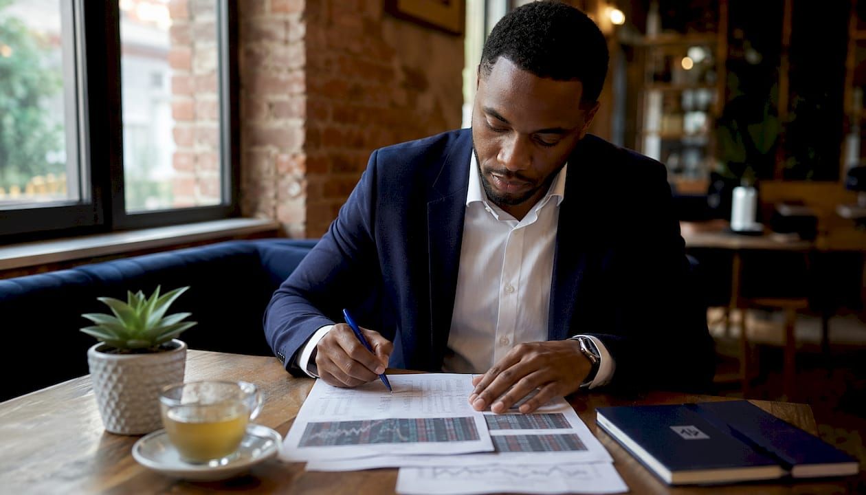 Analyst marking financial reports in office