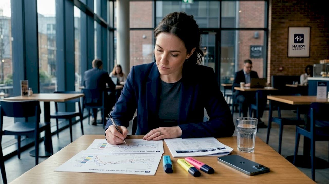 Analyst studying printed commodity price chart at table