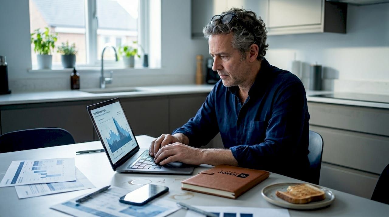 Economist reviewing unemployment data at kitchen table