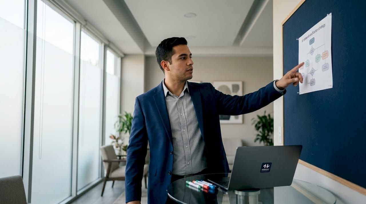 Financial advisor explaining diversification workflow on whiteboard