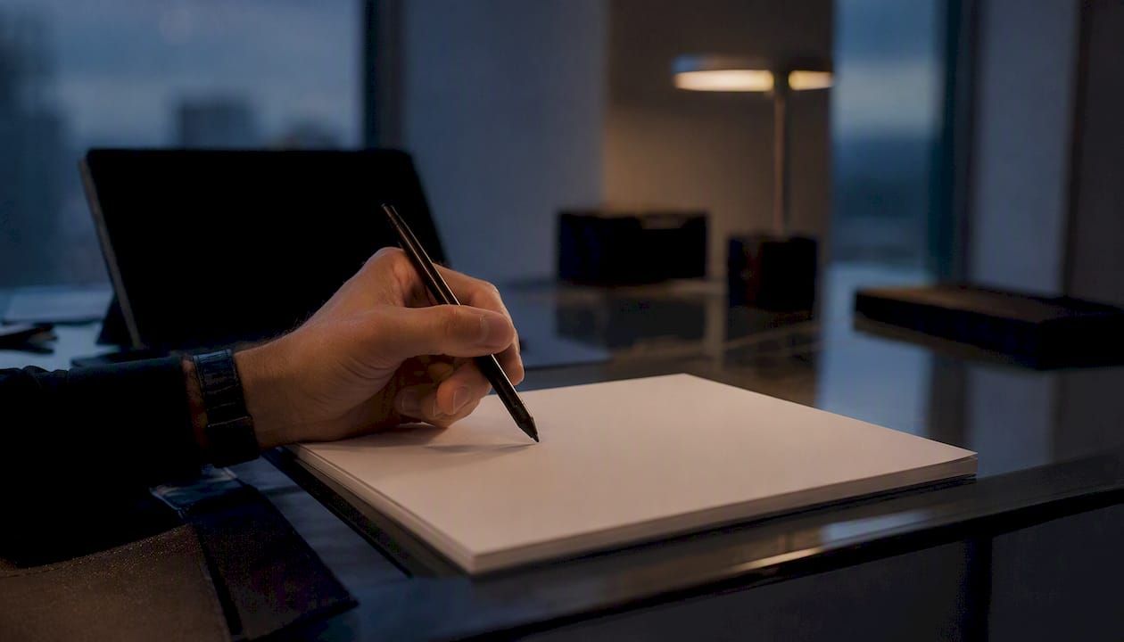 Hand poised to annotate market share chart