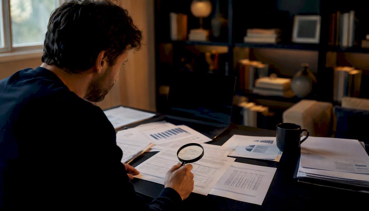 Hand using compass over financial reports