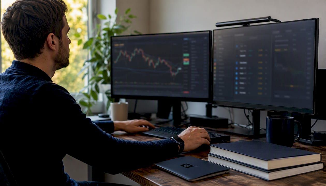 Hands adjusting trading monitors and keyboard in dim trading room