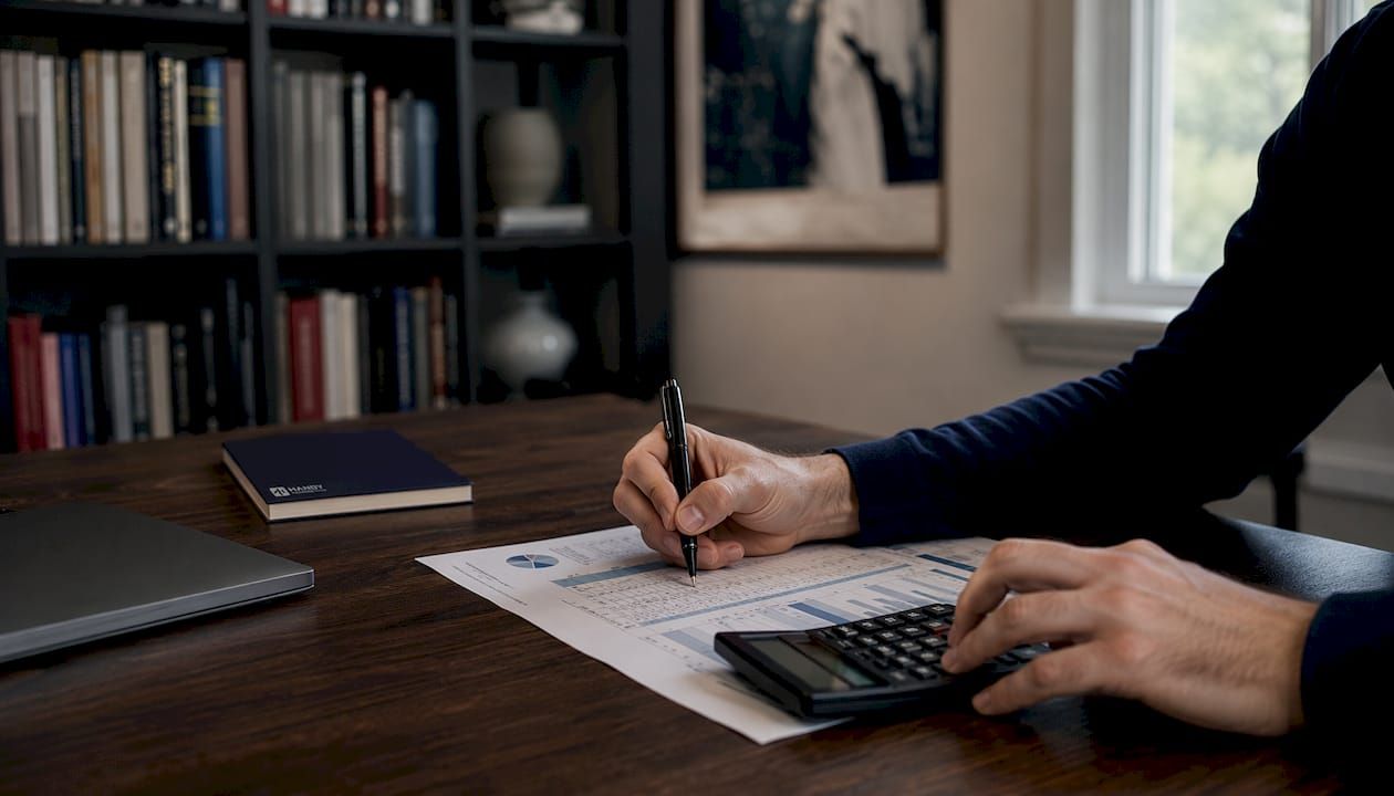 Hands calculating price correlation with pen and calculator