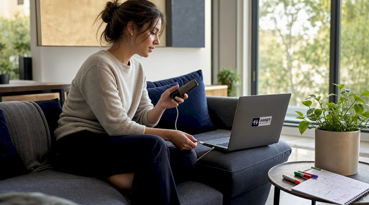 Hands connecting smartphone to laptop for data aggregation