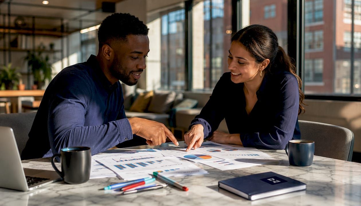 Hands pointing at financial metric documents