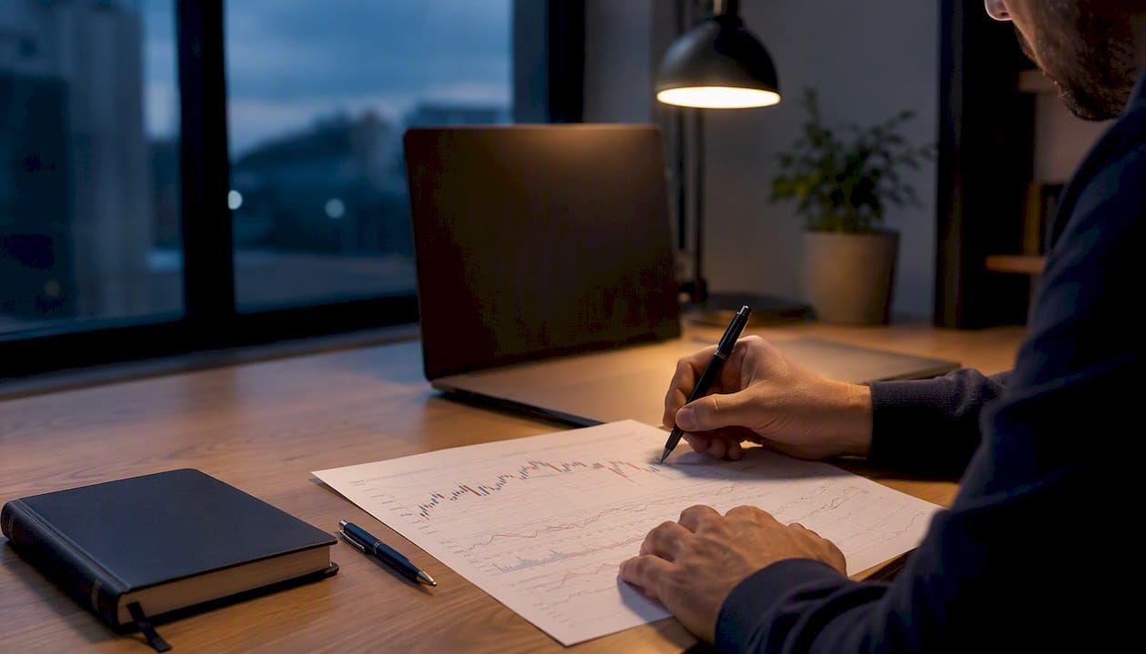 Hands pointing at printed candlestick charts