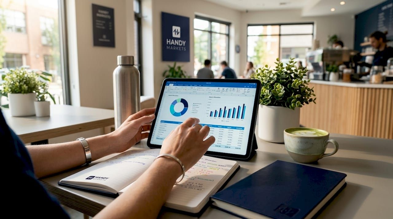 Hands setting up financial tracking app on tablet