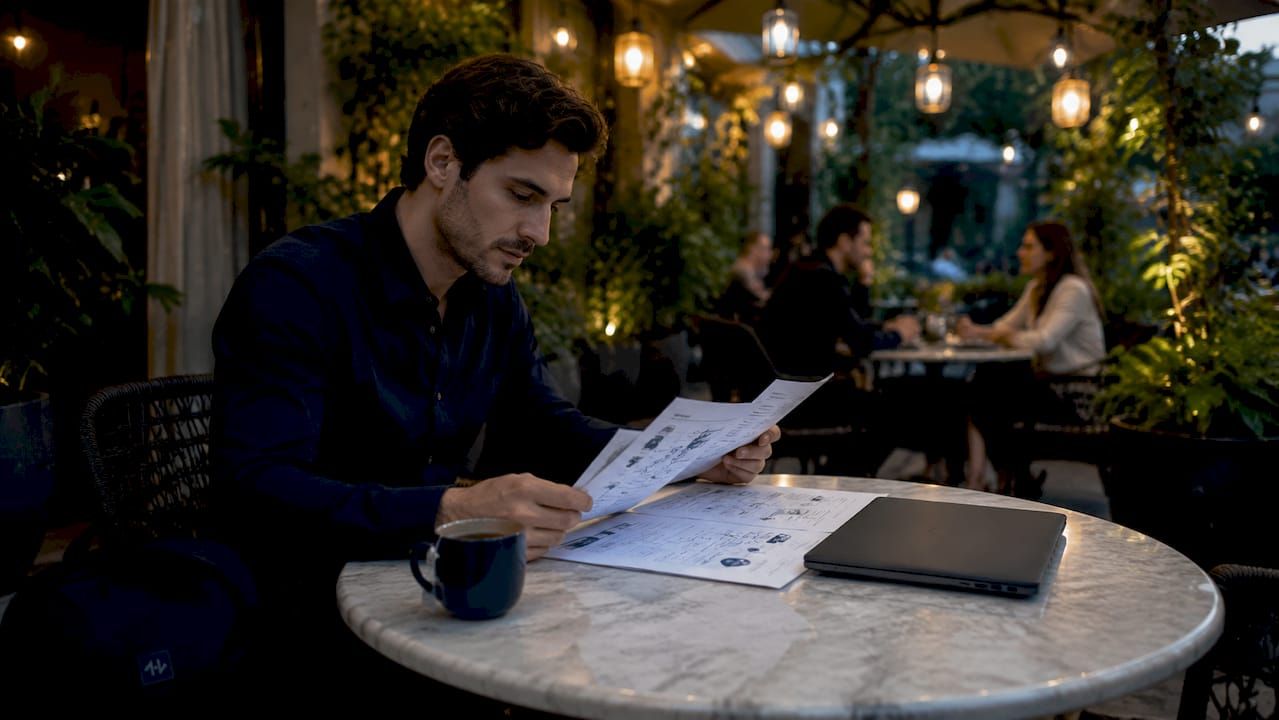 Hands typing on laptop next to blockchain documents