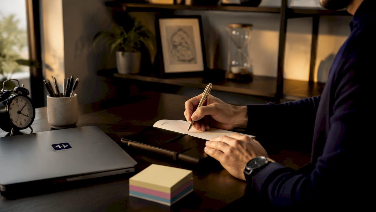 Hands writing market monitoring strategy notes overhead