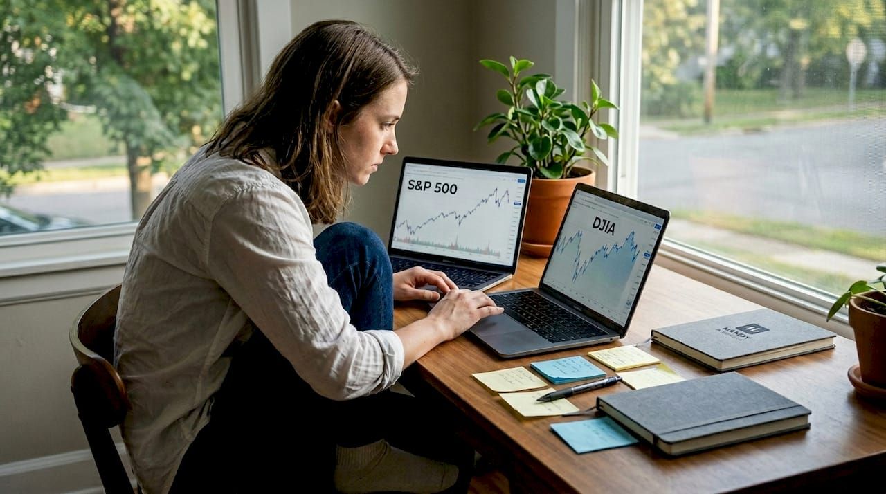 Home desk with two stock market charts