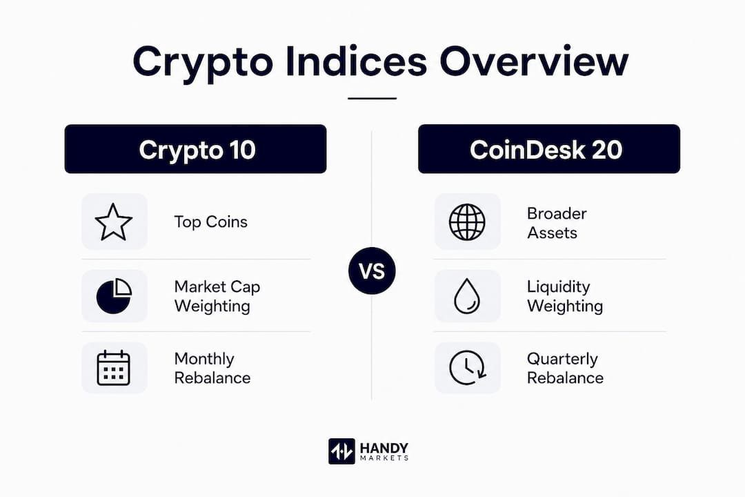 Infographic comparing major crypto indices with key features