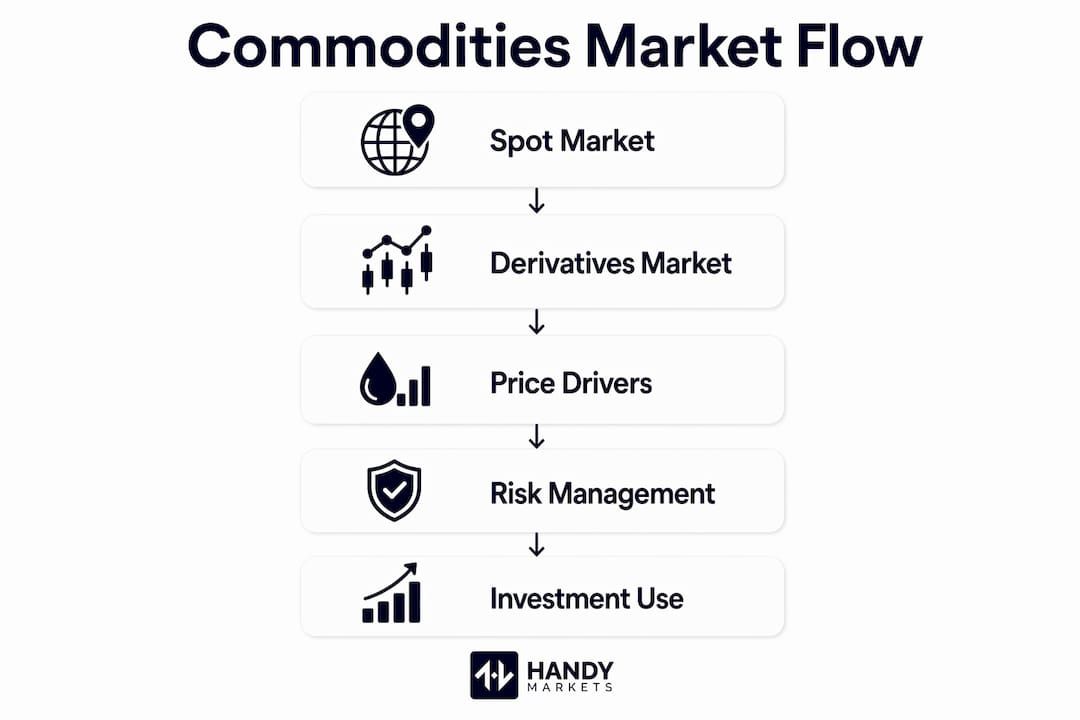 Infographic illustrating commodities market workflow in steps