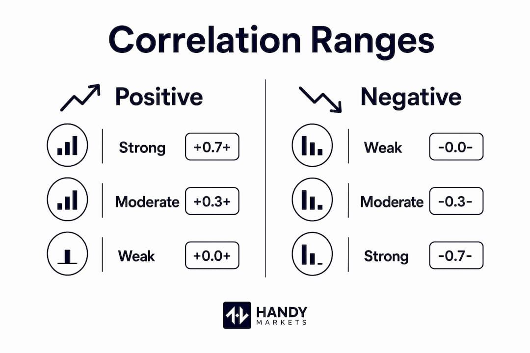 Infographic illustrating positive and negative correlation coefficient ranges