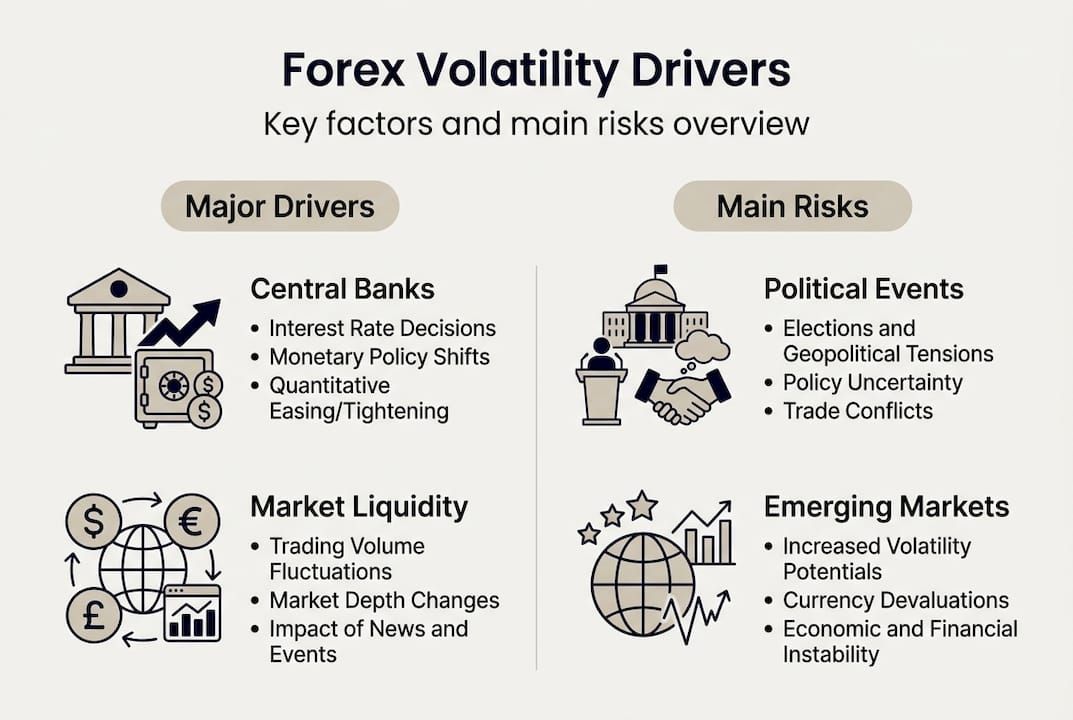Infographic showing forex volatility drivers and risks