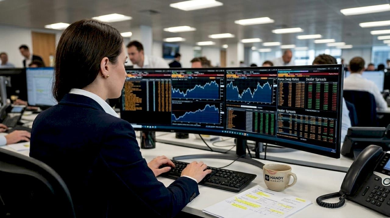 Institutional forex dealer working at multi-screen desk