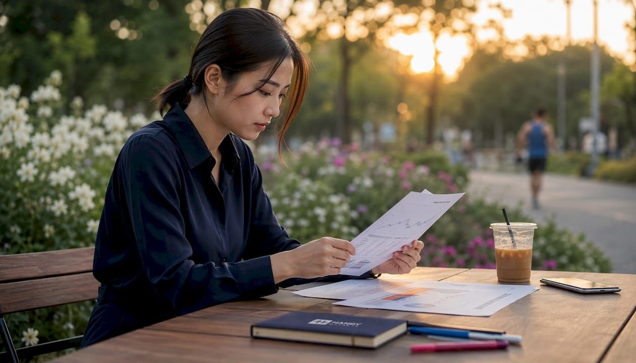 Investor reviewing crypto index brochures outdoors