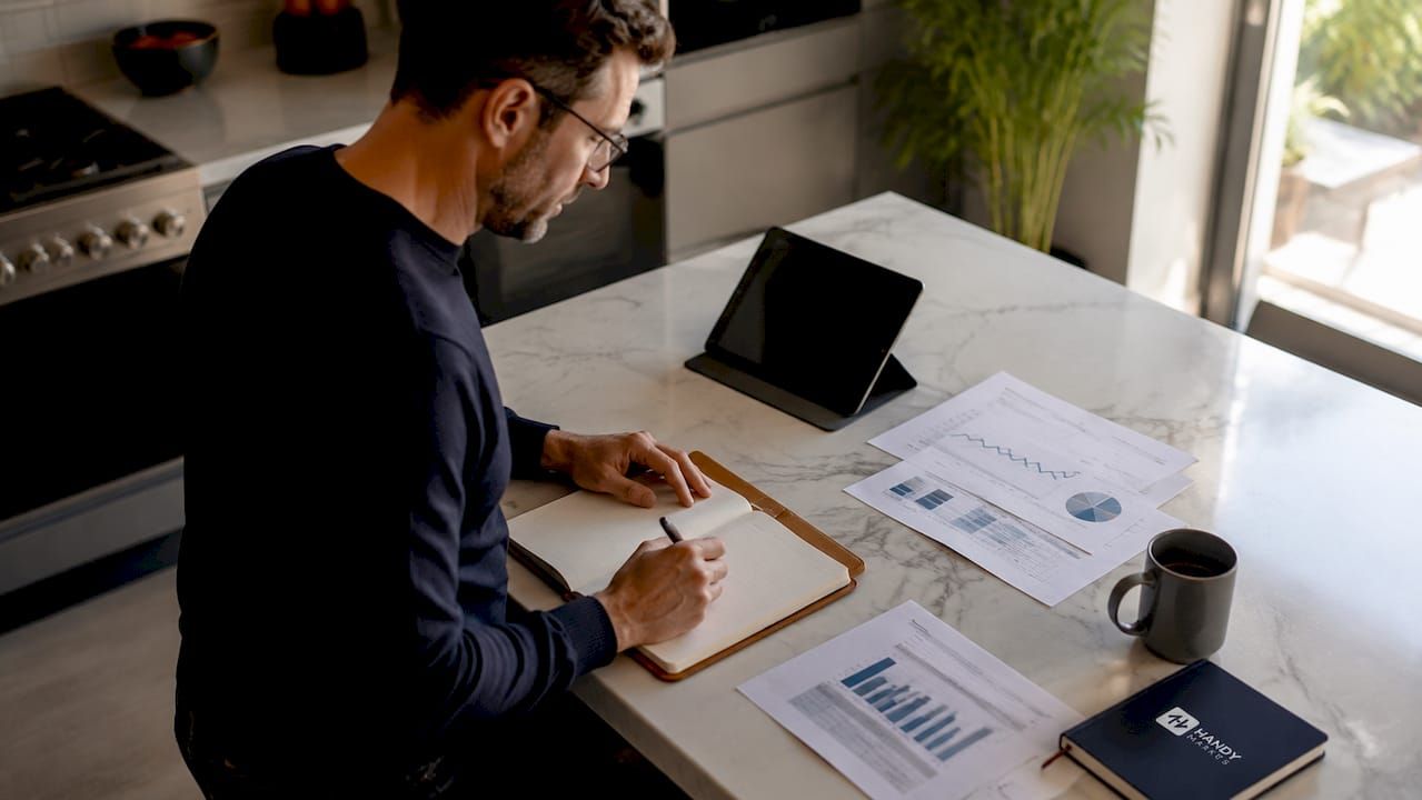 Investor reviewing stock monitoring spreadsheet at desk