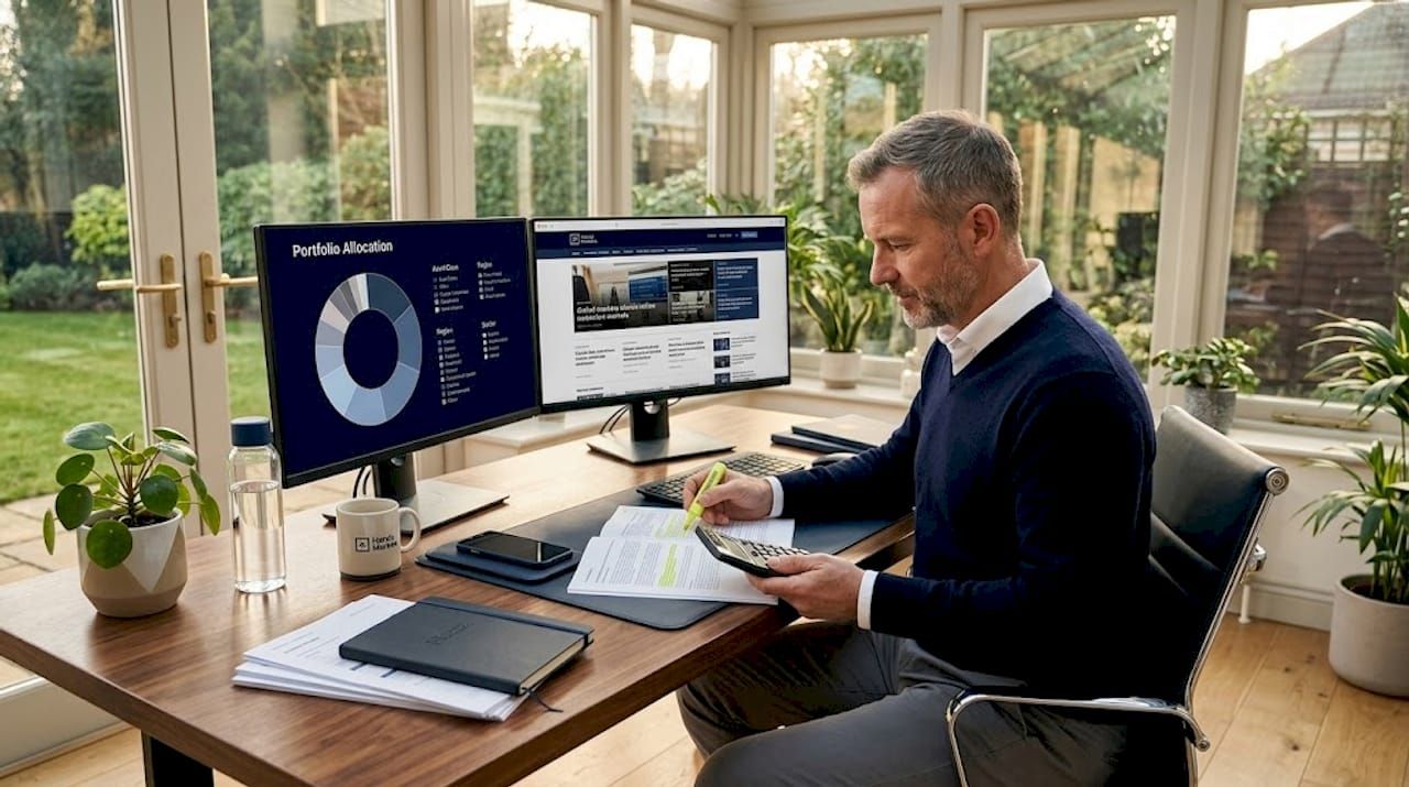 Man analyzing diversified portfolio at desk