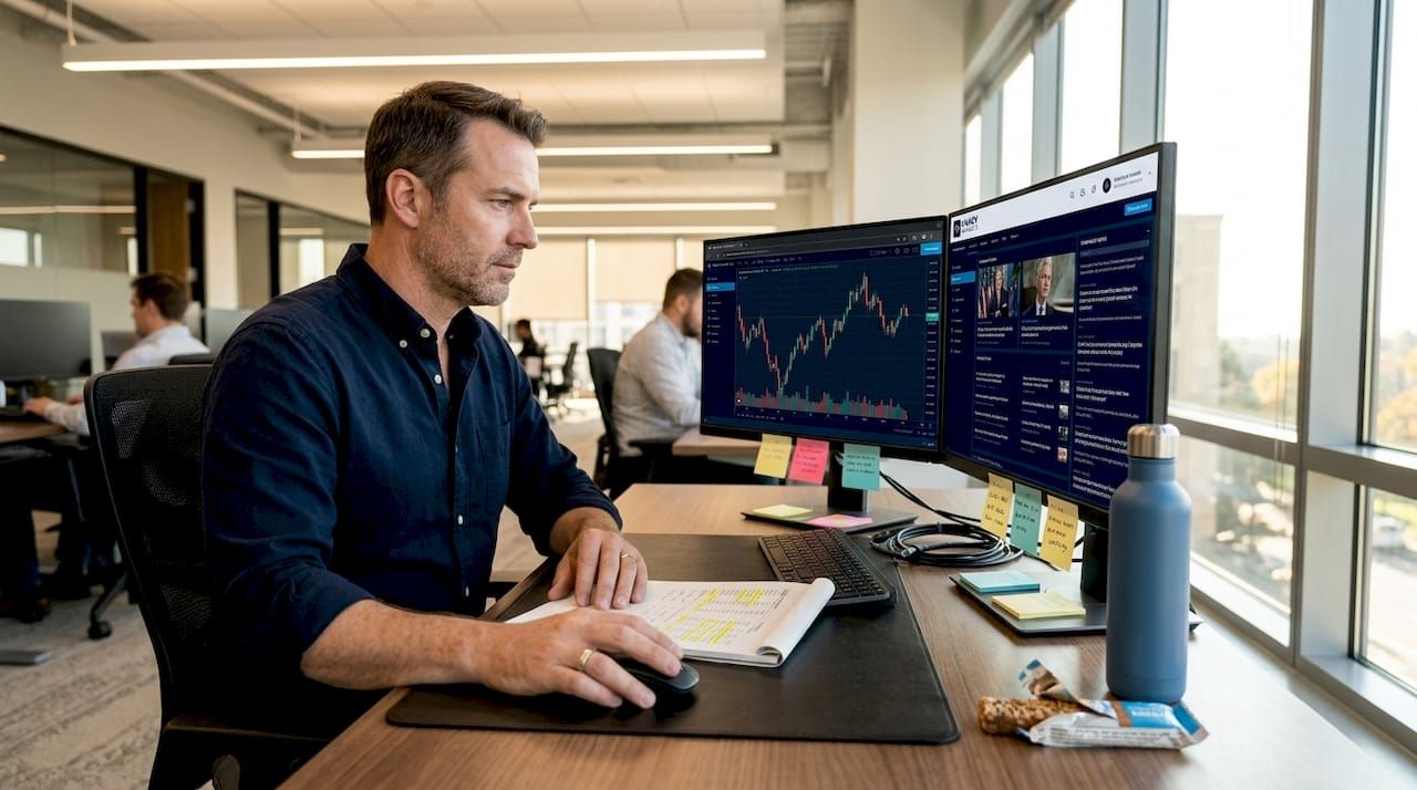 Man analyzing real-time market data in shared office