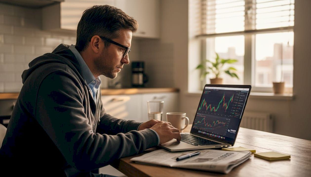 Man reviewing market charts at kitchen table