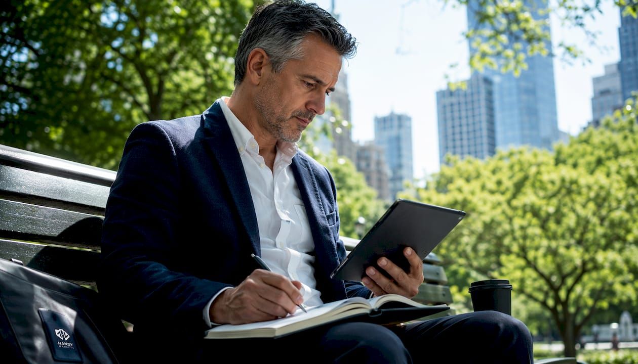 Man working on stock screening in café