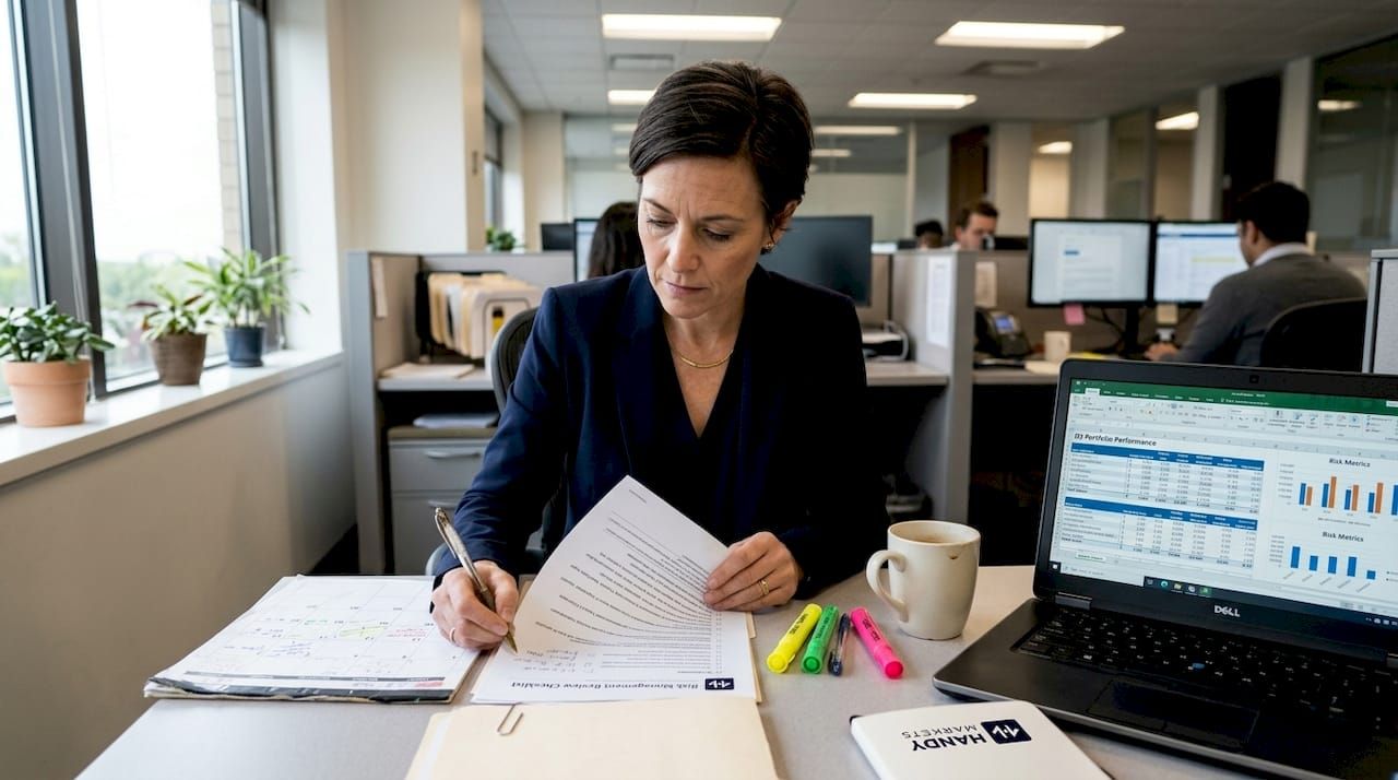 Manager reviewing portfolio risk checklist