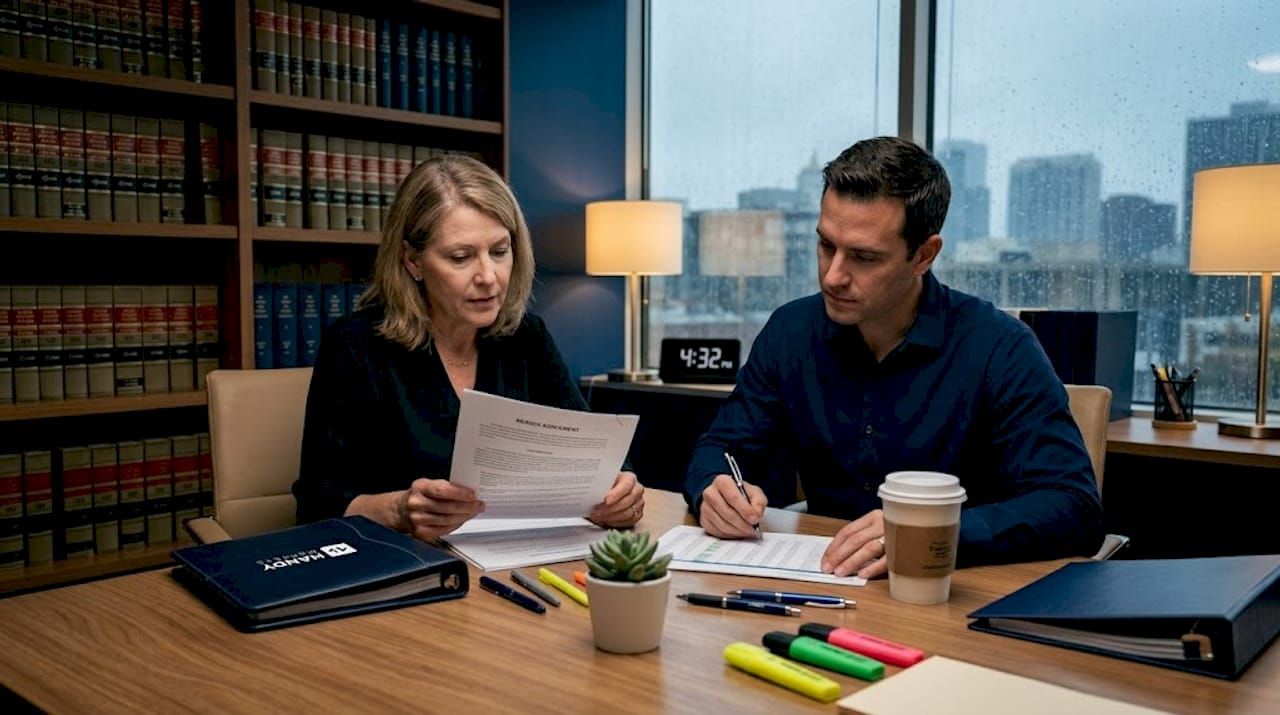 Professionals reviewing merger arbitrage documents