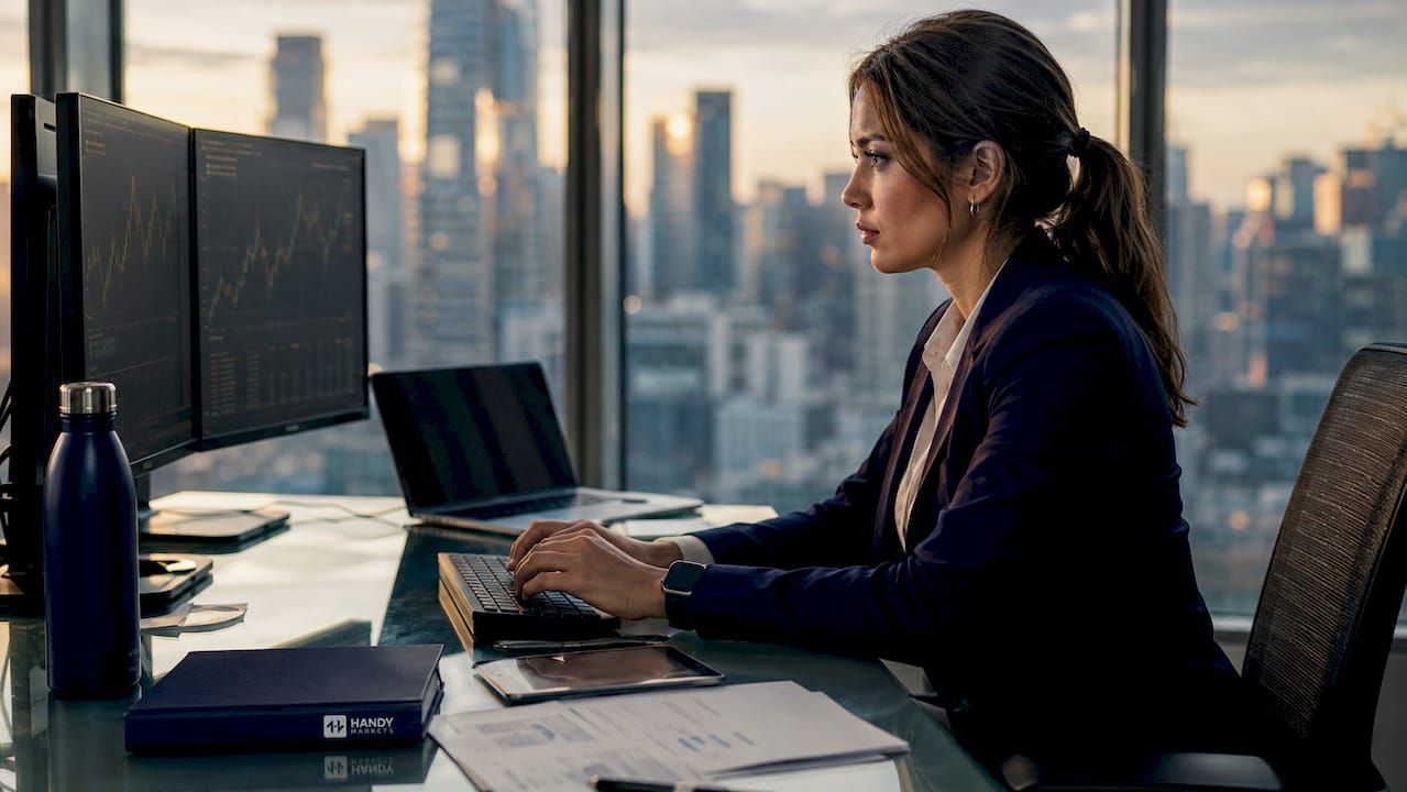 Stock market analyst at multi-monitor trading desk
