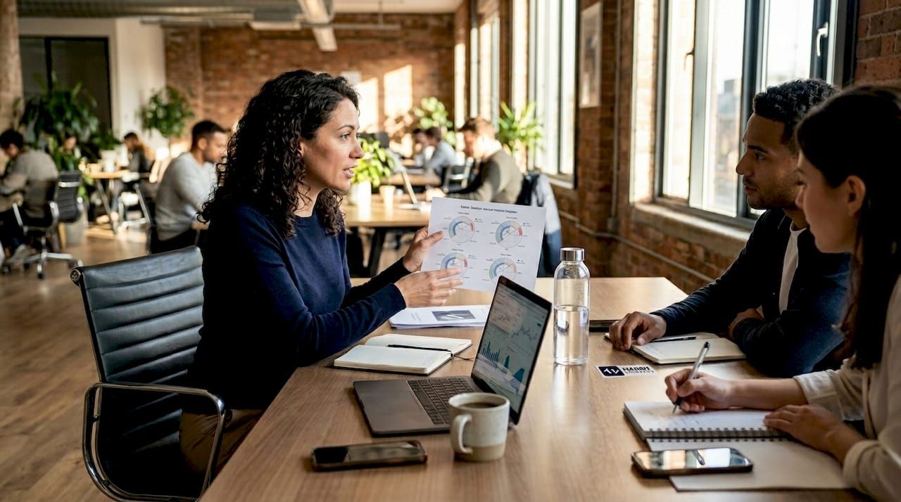 Team discussing stock sector rotation diagrams