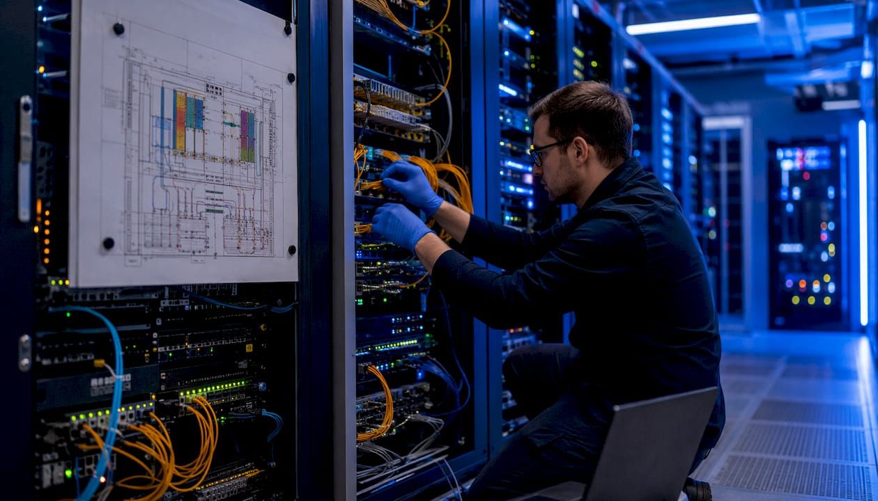 Technician adjusting microwave network in data center