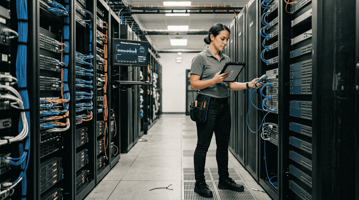 Technician checking persistent connections in server room
