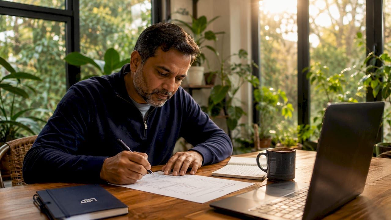 Trader reviewing arbitrage checklist on paper