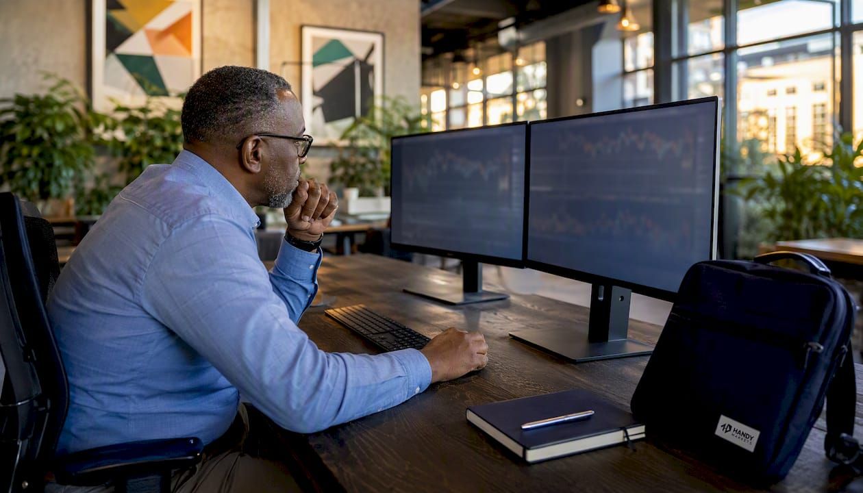 Trader reviewing charts on widescreen monitors