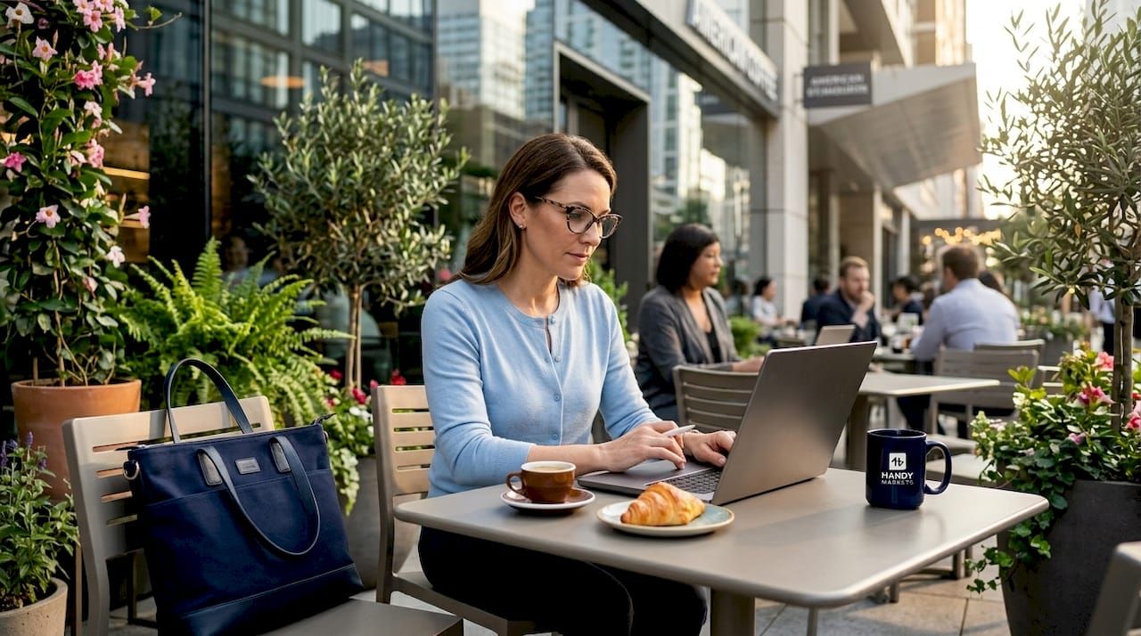 Trader reviews trading costs on laptop in café