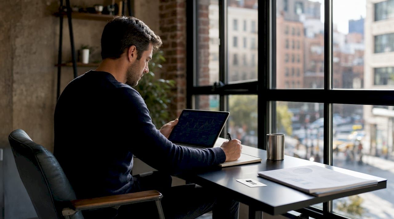 Trader using market aggregation platform in office