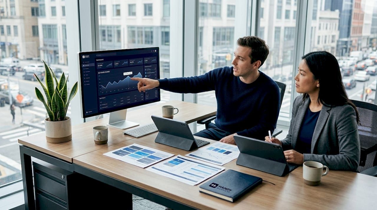 Two analysts collaborating on financial data in newsroom