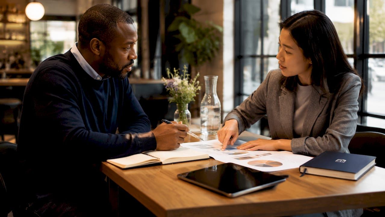 Two investors discussing asset allocation at table