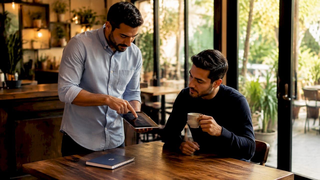 Two men discussing market dashboard data