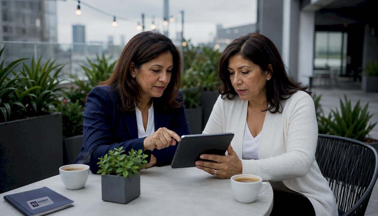 Two women discussing market data platforms outdoors