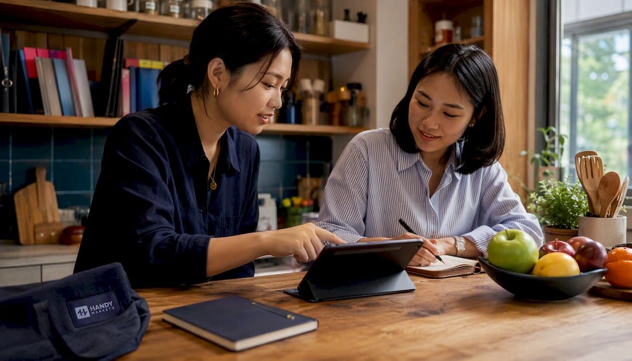 Two women traders collaborating with stock data in coworking space