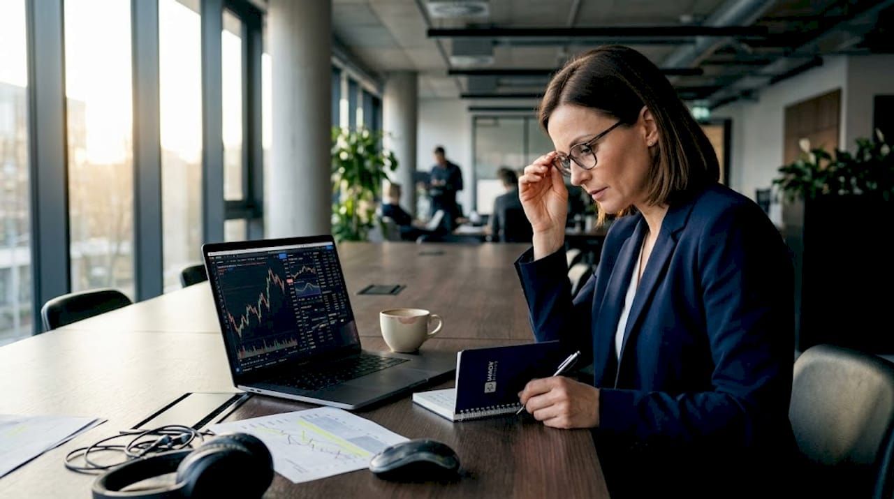Woman analyzing financial indicators on laptop