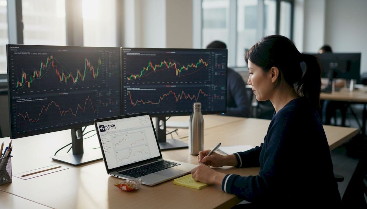 Woman checking AI trading tools in office