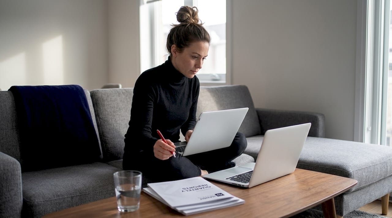 Woman checking investments on laptop in living room
