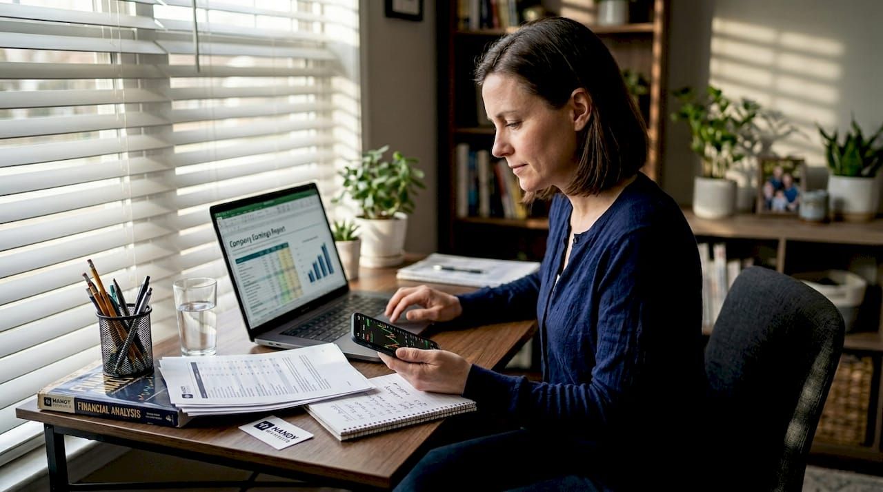 Woman checking stock earnings on desk