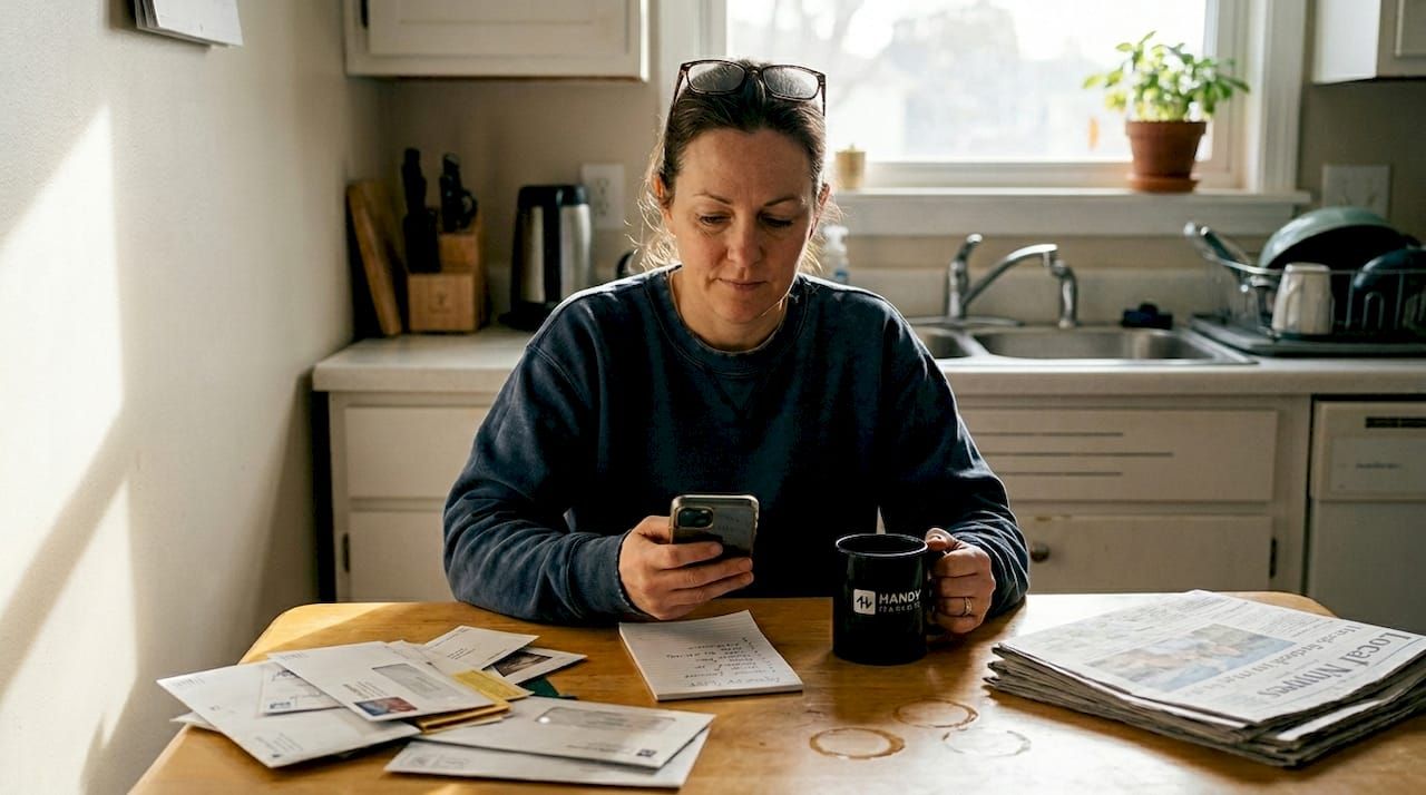 Woman checks financial alerts at kitchen table