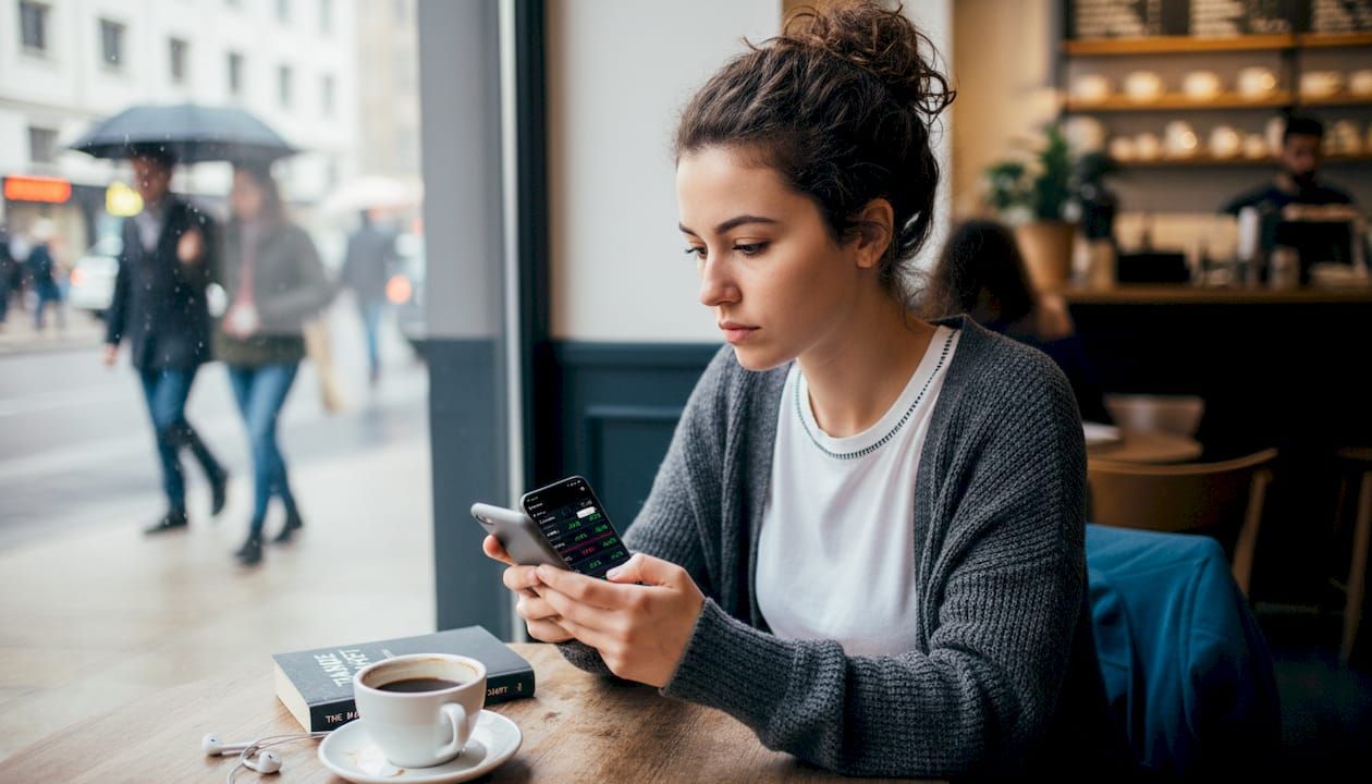 Woman checks stock alerts on smartphone in café