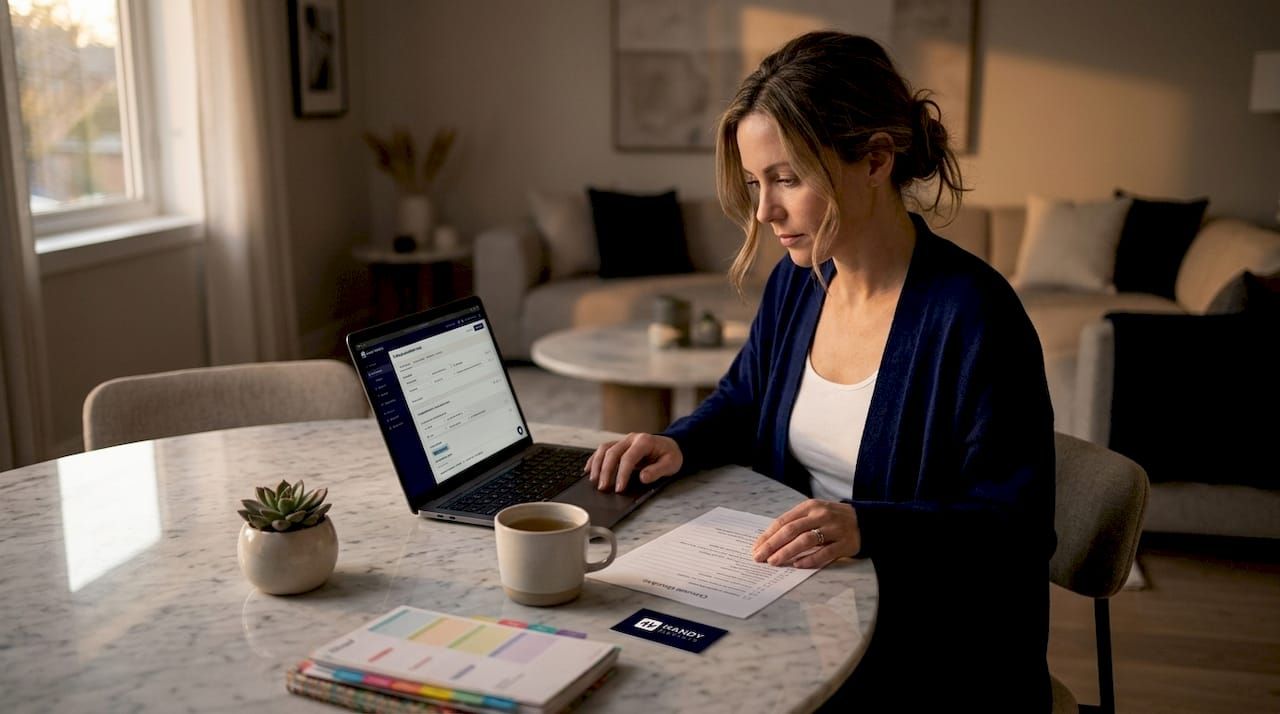 Woman configuring automated trading system at kitchen table